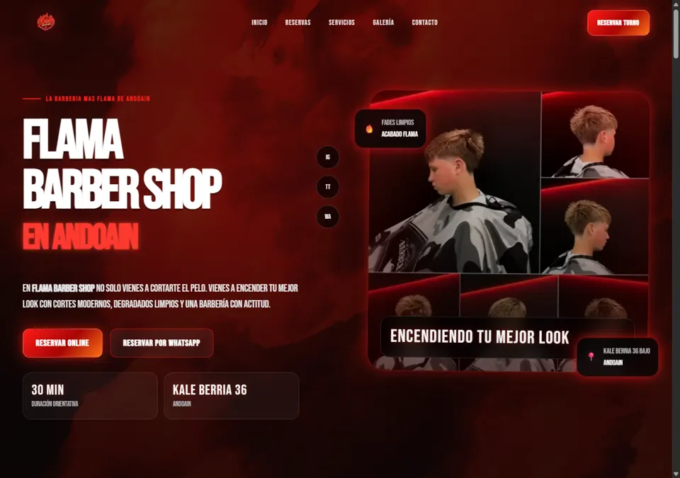 Página de inicio de Flama Barbershop, con servicios, ubicación y opciones de reserva