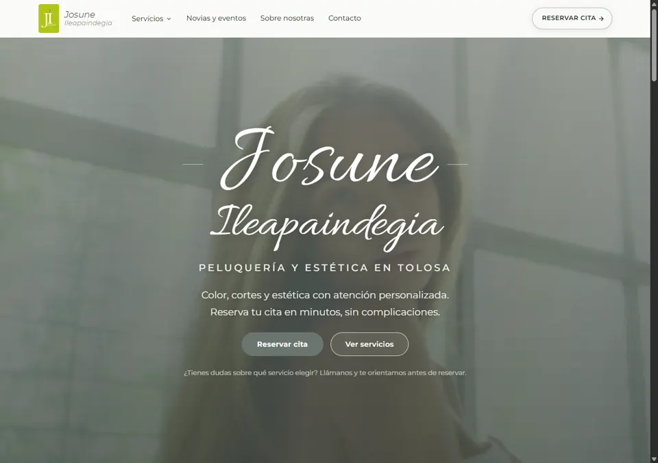 Página de inicio de Josune Ileapaindegia, con acceso a servicios y reserva de cita